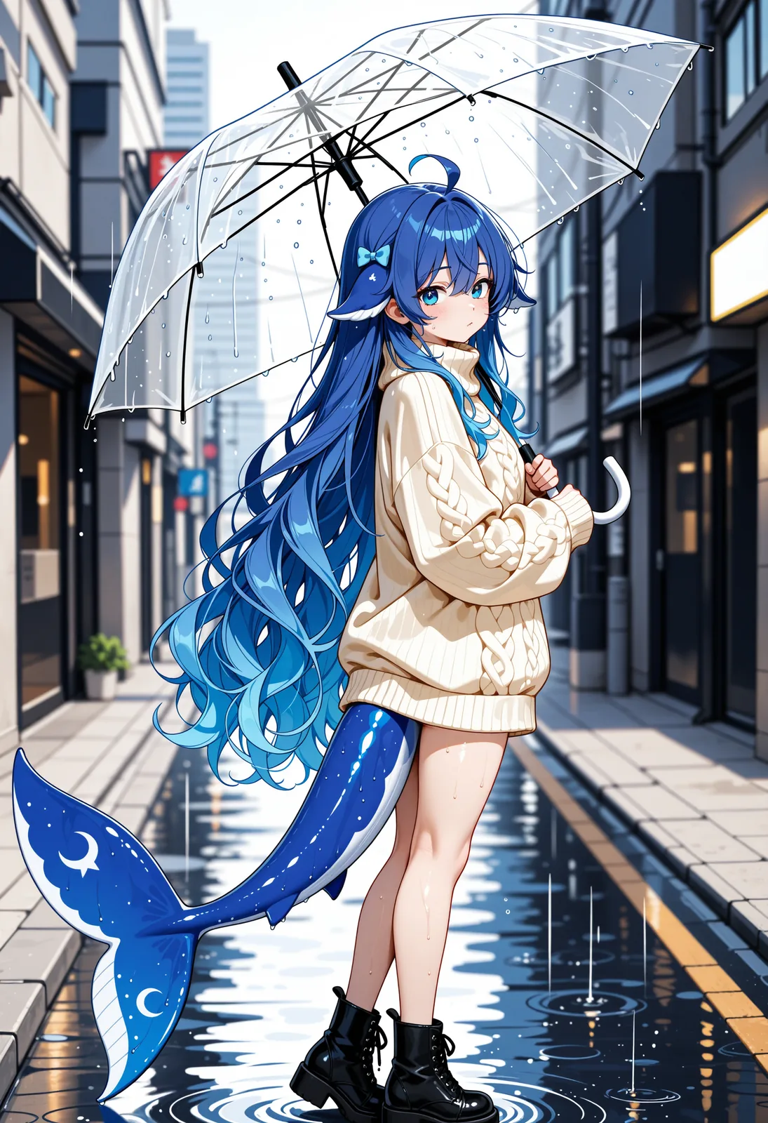 DeepSeek娘：蓝色长发、米色高领毛衣，撑着透明长柄雨伞站在雨天的街道上，裙摆下露出带月牙花纹的鲸鱼尾巴